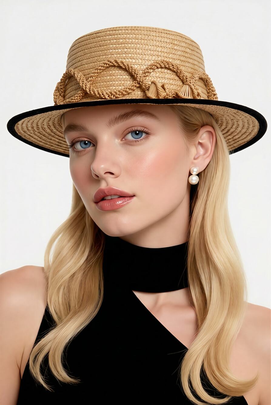 1940s Straw Boater Hat 3D Braided Band Black Velvet Trim Cottage Gardencore VTG